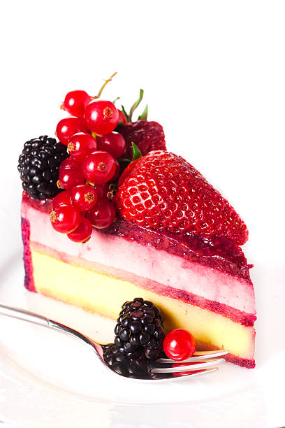 Piece cake with fresh berry on white background. stock photo