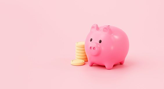 Piggy bank and coin savings concept on pink background 3d rendering