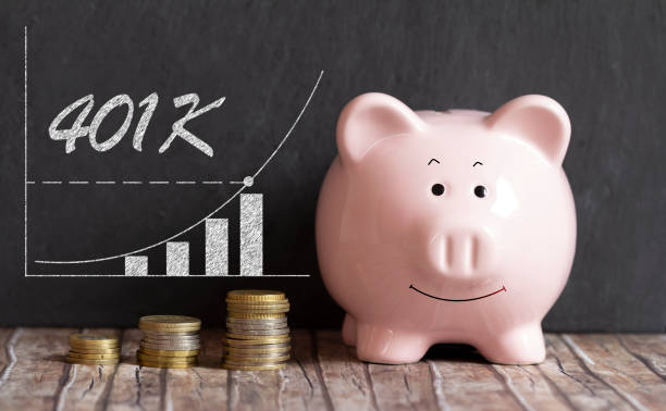 401K piggy bank concept 401K retirement savings piggy bank concept 401k stock pictures, royalty-free photos & images