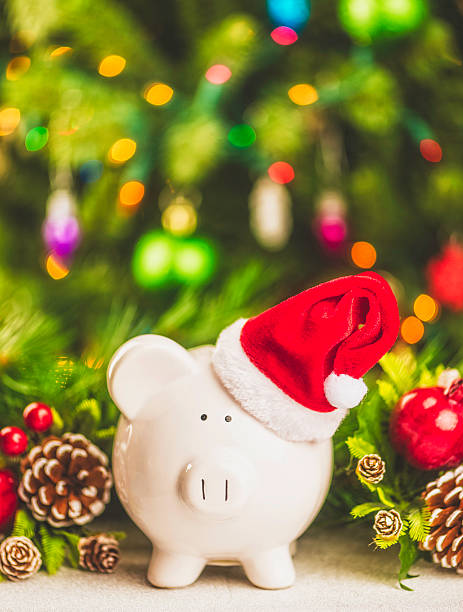 piggy-bank-with-santa-hat-in-front-of-christmas-tree-picture-id521400621
