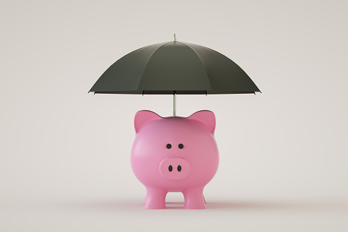 3D rendering of Piggy Bank with Umbrella. Financial Insurance, Protection. Minimalism. Copy space.