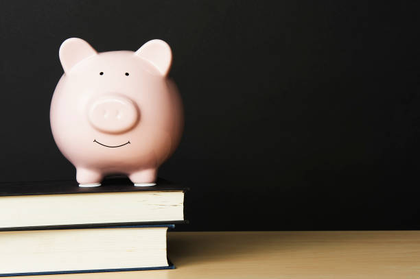 Piggybank on wooden table top, standing on top of a stack of books on a black background. stock photo