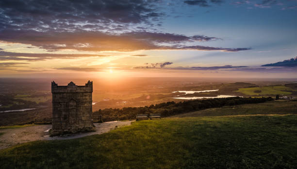 Pike at Sunset Aerial View Rivington Pike at Sunset lancashire stock pictures, royalty-free photos & images