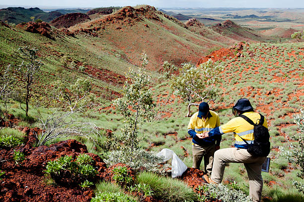 Pilbara - Australia Pilbara, Australia - March 18, 2011: Geologists sampling rocks in iron ore exploration in the Outback geologist stock pictures, royalty-free photos & images