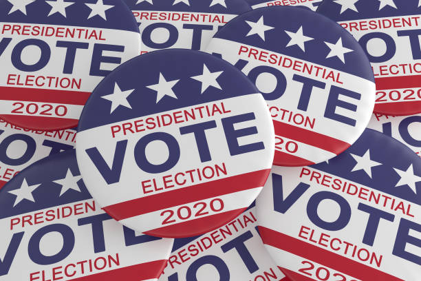 Pile of 2020 Presidential Election Vote Buttons With US Flag, 3d illustration USA Politics Election News Badges: Pile of 2020 Presidential Election Vote Buttons With US Flag, 3d illustration presidential election stock pictures, royalty-free photos & images