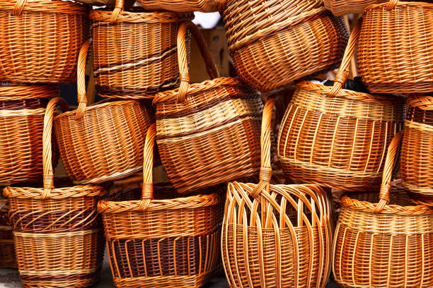 Pile of braided baskets stock photo