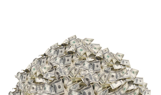 pile with american one hundred dollar bills isolated on white background - dinheiro imagens e fotografias de stock