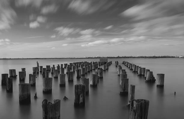 Pilings in the water stock photo