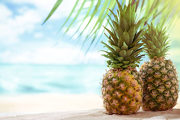 Pinapples on the beach with copy space stock photo