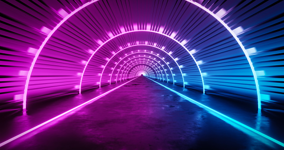 3d rendering pink and blue neon tunnel background.