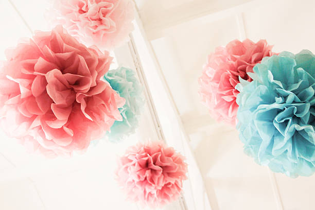 Pink and Blue Pom Poms stock photo