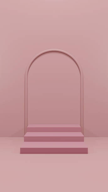 Pink arc with stairs in empty pink room, realistic 3d illustration. Winners podium front view, conceptual interior design with empty space for merchandising. Winners podium front view, conceptual interior design with empty space for merchandising. Pink arc with stairs in empty pink room, realistic 3d illustration. arch architectural feature stock pictures, royalty-free photos & images
