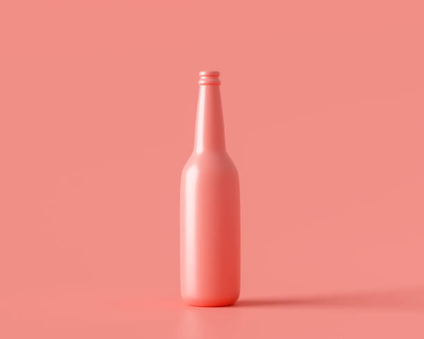 Pink bottle of drink beverage glass on pastel color background with blank product design. 3D rendering. stock photo