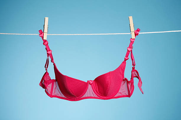 Pink Bra Pink Panties on Clothesline on blue background bra stock pictures, royalty-free photos & images
