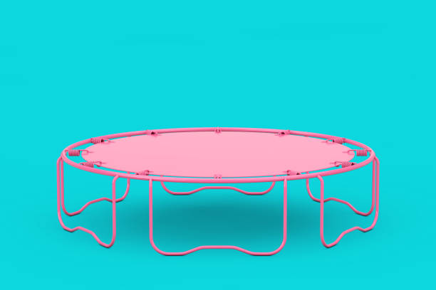 Pink Children's and Adult Round Sports Fitness Trampoline in Duotone Style. 3d Rendering stock photo