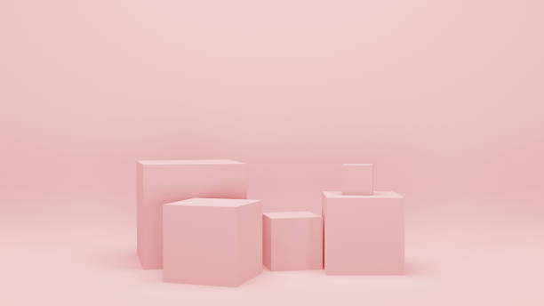 quarto vazio cor-de-rosa com formas geométricas, carrinhos e paredes vazias, ilustração 3d realística. cena em branco minimalista com quadrados, projeto gráfico moderno. - box 3d - fotografias e filmes do acervo