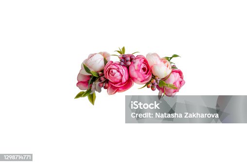 istock pink flower wreath of artificial roses isolated on white background 1298714771