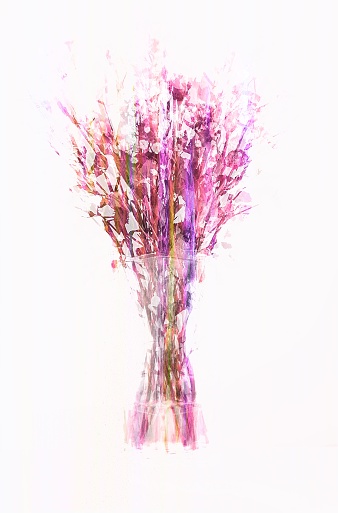 Vase of pink flowers on white background