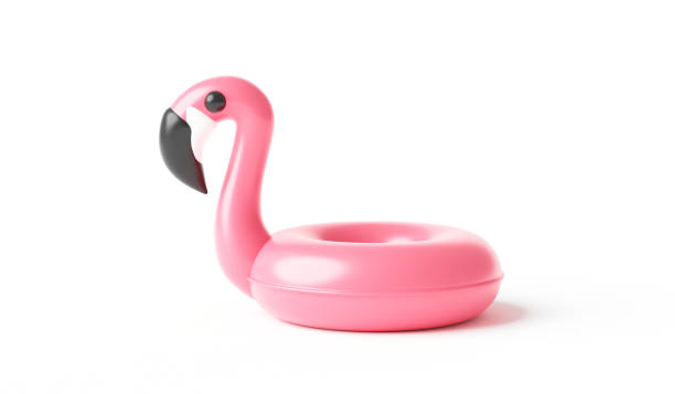 Pink inflatable flamingo swimming pool ring and summer season isolated on white background. 3D rendering. stock photo