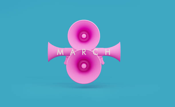 Pink megaphones forming number 8 over teal background.  March 8 reads over the megaphones. Horizontal composition with copy space. Great use for International Women's Day concept.