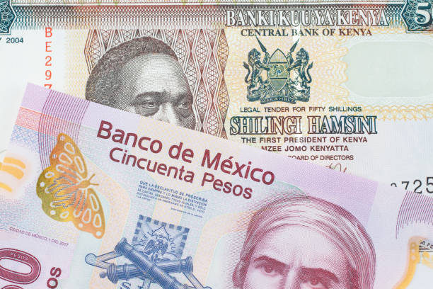 A pink, plastic fifty peso bank note from Mexico paired with a colorful fifty shilling bank note from Kenya. stock photo