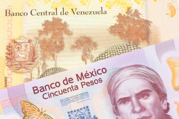 A pink, plastic fifty peso bank note from Mexico paired with a colorful, yellow five Bolivar bank note from Venezuela. stock photo