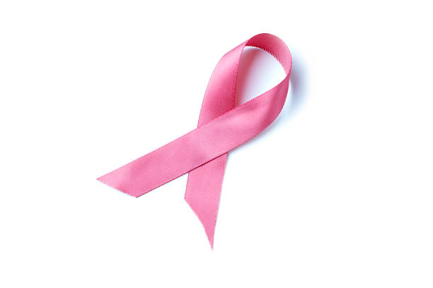 pink ribbon isolated on white background, breast cancer concept stock photo