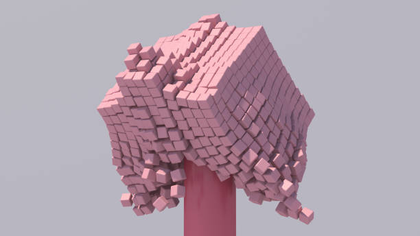 Pink stick and cubes. Gray background. Abstract illustration, 3d render. stock photo