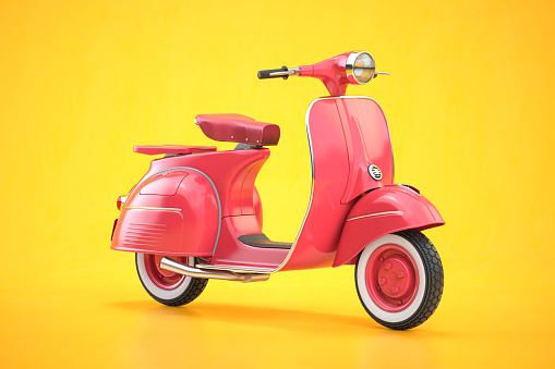 Pink vintage scooter, motor bike or moped on yellow background. 3d illustration