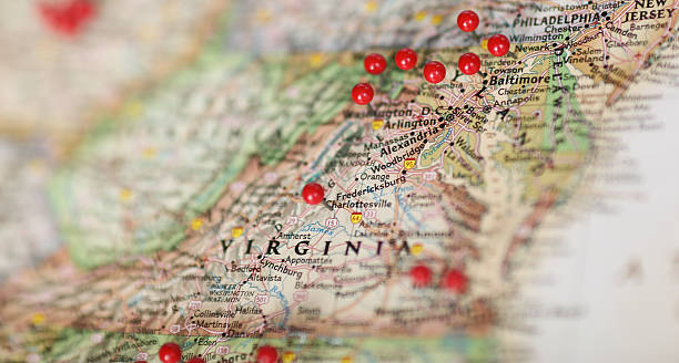 Pins in Map Virginia Area of United States Red pins placed in map of the Eastern U.S. near Virginia to show locations of a retail store, targets, or population. virginia us state stock pictures, royalty-free photos & images