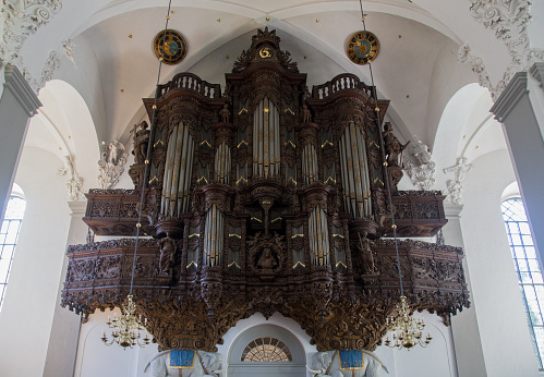 Copenhagen, Denmark - August 17, 2016: Pipe Organ inside the Vor Frelsers Church