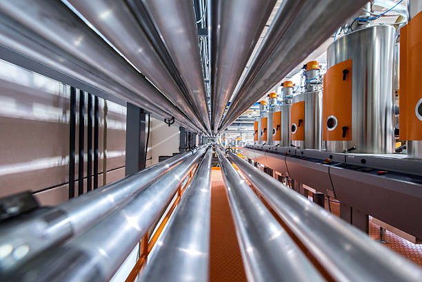 Pipes in factory Pipes, tubes, machinery at factory. oil refinery factory stock pictures, royalty-free photos & images