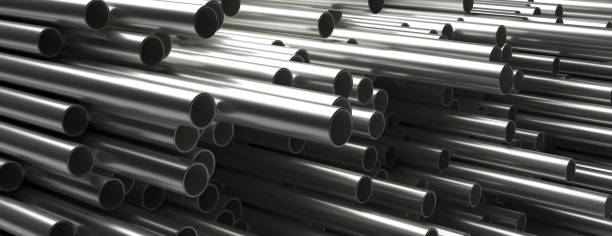 Pipes tubes steel metal, round profile, stacked full background. 3d illustration Pipes tubes steel metal background. Round shale stacked, banner. Products for utilities services, construction industry. 3d illustration stainless steel stock pictures, royalty-free photos & images