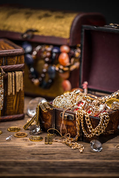 Pirates treasure chest Dangerous adventure concept with pirates treasure chest jewelry treasure chest gold crate stock pictures, royalty-free photos & images