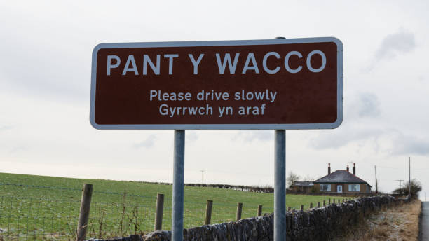 Place name sign at the village of Pant Y Wacco stock photo