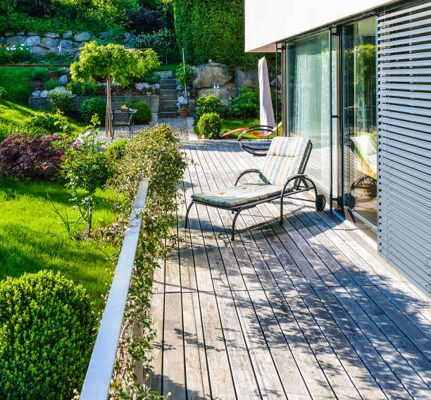 place to relax. garden and deck of a family home. - family modern house window imagens e fotografias de stock
