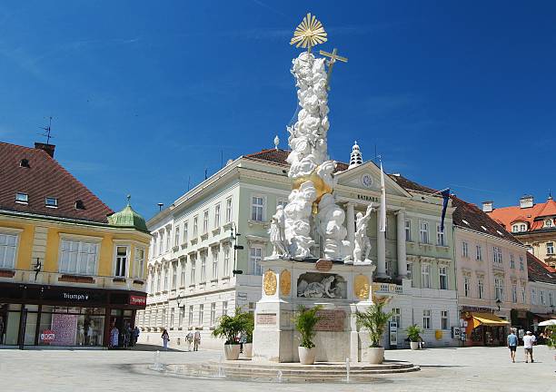 Plague Pillar on Hauptplatz in Baden near Vienna. stock photo