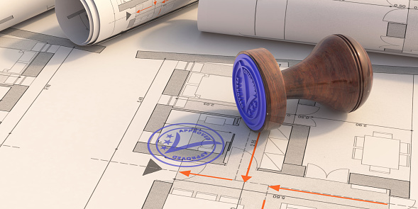 Plan approval. Blue stamp APPROVED on blueprint. Construction business, goals, strategy, planning action concept. 3d illustration