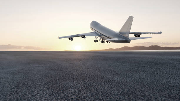 3D plane takes off at sunset, 3d render concept for advertising. stock photo