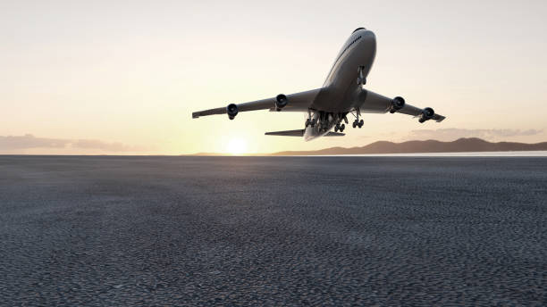 3D plane takes off at sunset, 3d render concept for advertising. stock photo