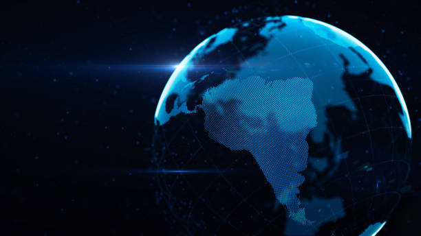 Planet Earth Made of Blue Glowing Dots Over Black Background: South America is in focus Planet earth made of glowing blue dots over black background. South America in focus. horizontal composition with copy space. latin america stock pictures, royalty-free photos & images