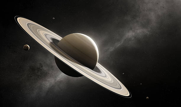 Planet Saturn with major moons Planet Saturn in deep space with major moons according to scale (Elements of planet texture for 3d render furnished by NASA) Saturn stock pictures, royalty-free photos & images