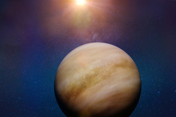 planet Venus lit by the bright Sun artist's impression of the cloudy planet venus planet stock pictures, royalty-free photos & images