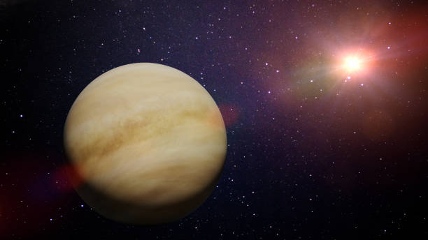 planet Venus lit by the Sun artist's impression of the cloudy planet venus planet stock pictures, royalty-free photos & images