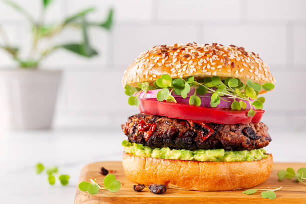 Plant based black bean burger  in a light and bright environment stock photo