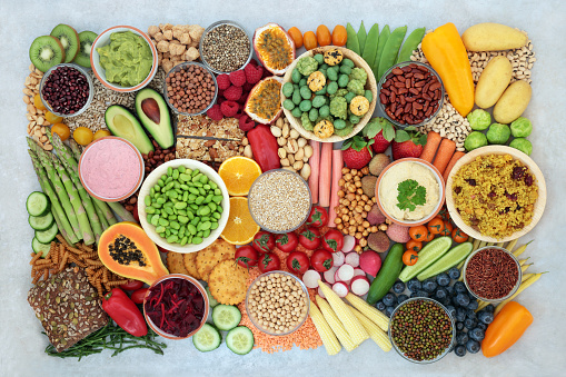 Plant based vegan food for a healthy lifestyle with vegetables, fruit, cereals, grains, nuts, seeds, legumes & dips. High in protein, antioxidants, vitamins, minerals, fibre & smart carbs. Ethical eating.