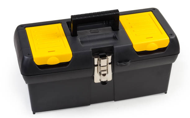 plastic black portable multi-compartment toolbox on a white background - fechar porta bagagens imagens e fotografias de stock