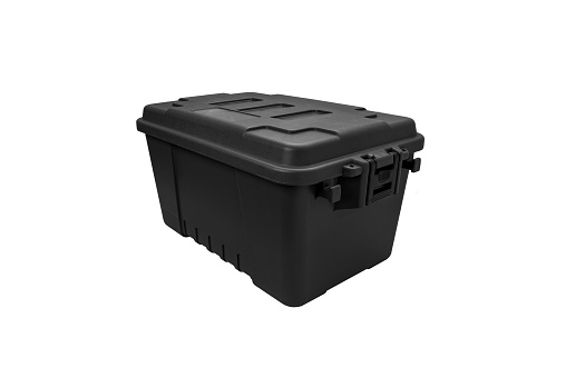 Plastic box with locks isolate on a white background. A container for storing and transporting various things.