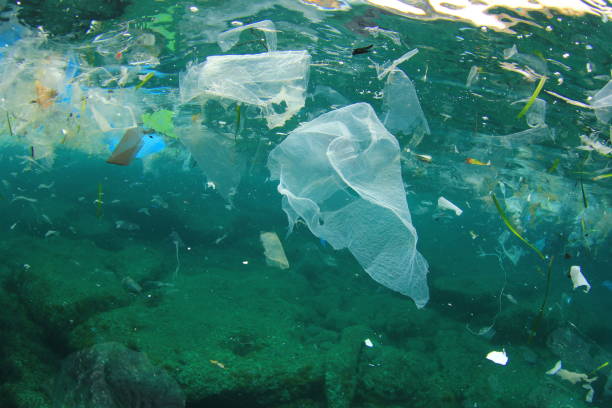 Plastic pollution in ocean Plastic ocean pollution. Plastic bags and other garbage dumped in sea causing water pollution water pollution stock pictures, royalty-free photos & images
