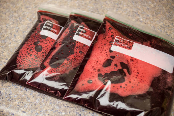 Plastic Pouches Filled With Red Fluid stock photo